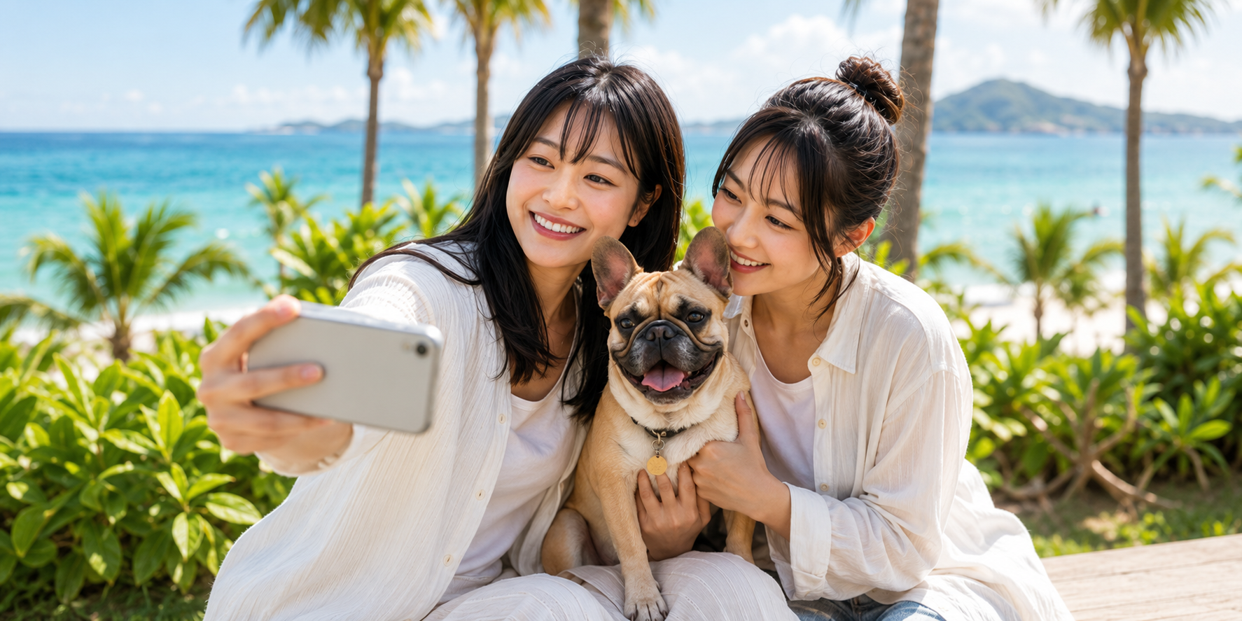愛犬と旅行する二人