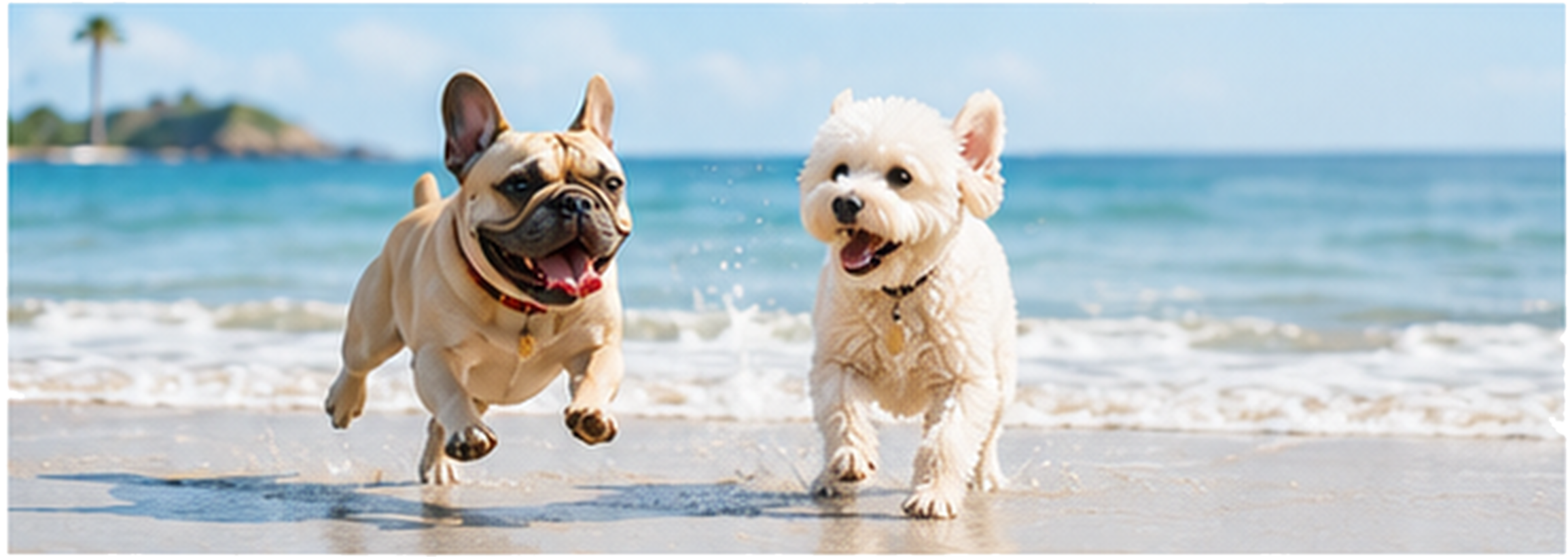 浜辺を走る2匹の犬